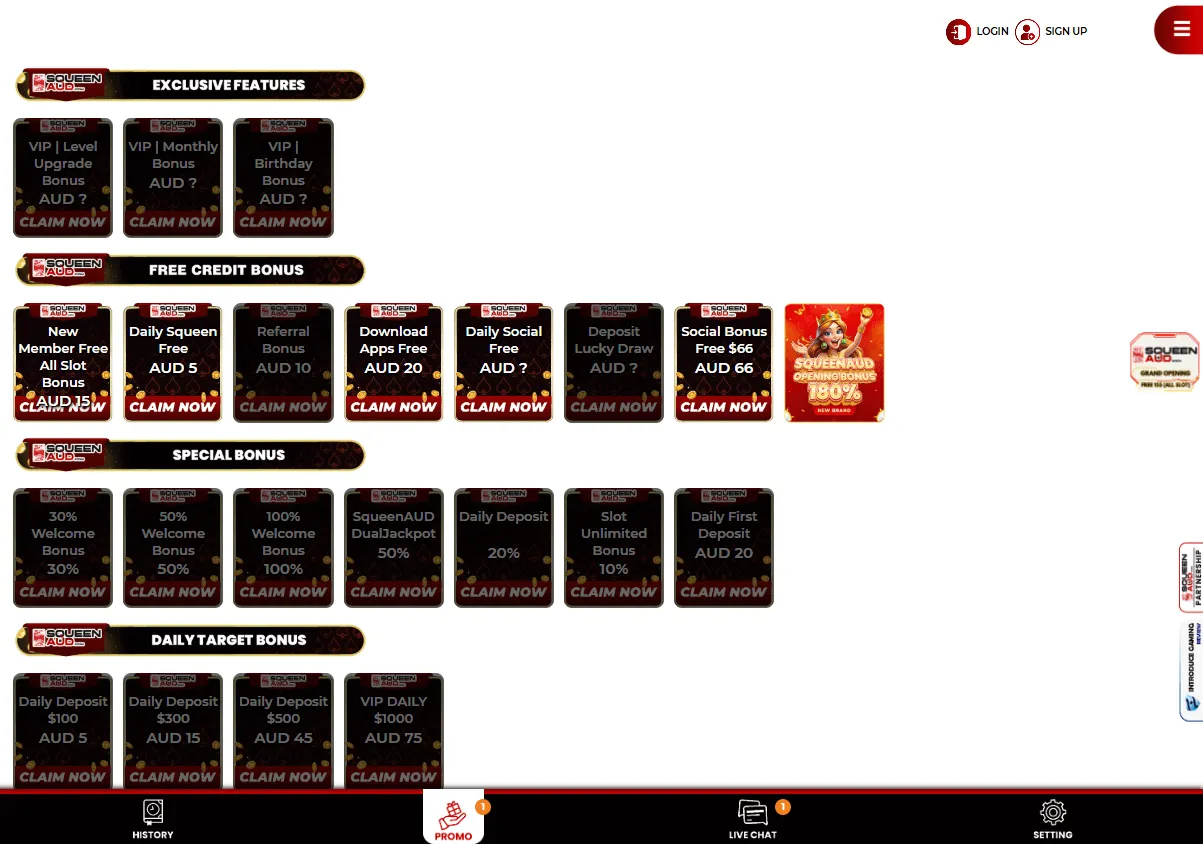 Squeenaud Casino promotional features on a desktop device, including free credits and recurring offers