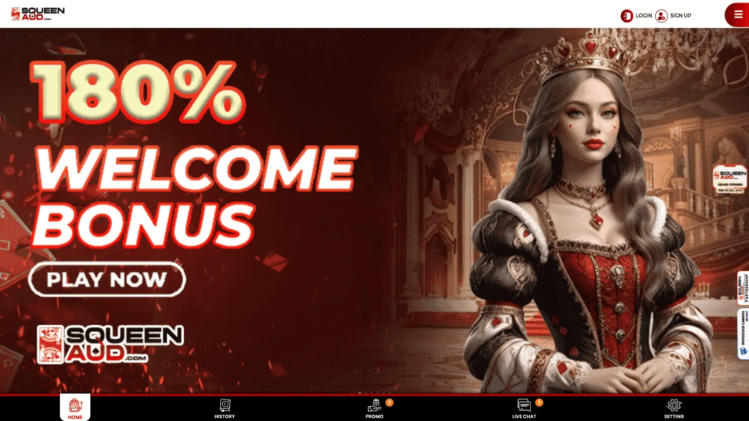 Squeenaud Casino home experience on a desktop device with casino offers and account features