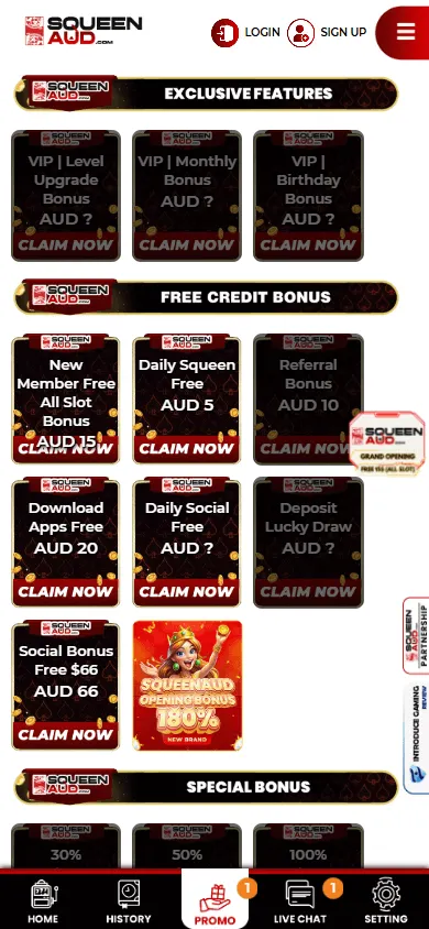 Squeenaud Casino mobile promotional experience with daily free-credit features